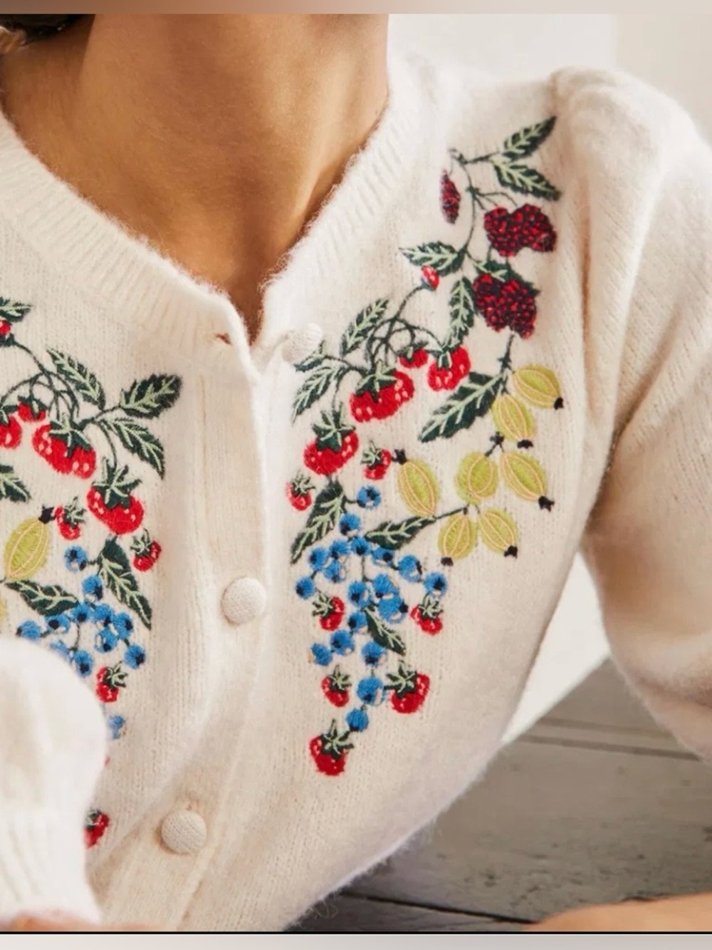 Ivory Embroidered Puff-Sleeve Cardigan Sweater - Picture 4 of 9